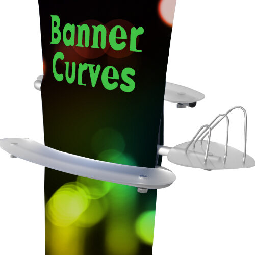 Fabric pop up banner stand fully assembled with optional shelving and literature rack.