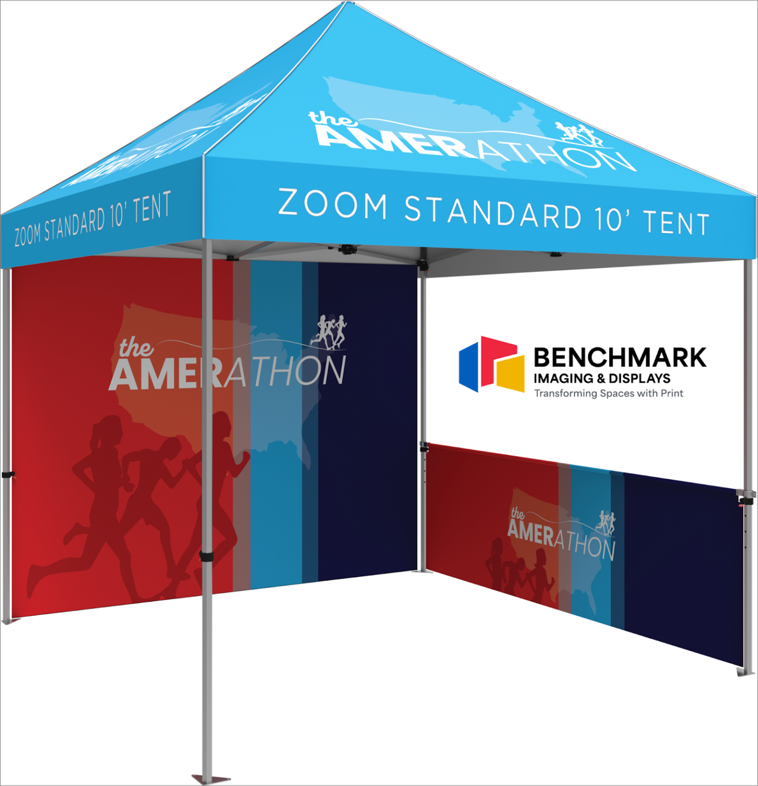 Customized event tent featuring full back wall and half side wall graphics for brand immersion