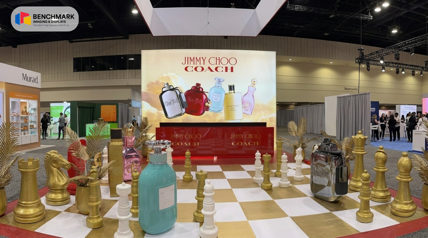 Two installers rolling out a large custom printed vinyl floor graphic onto a trade show exhibit hall subfloor, showing the material lying flat without glue or tools

