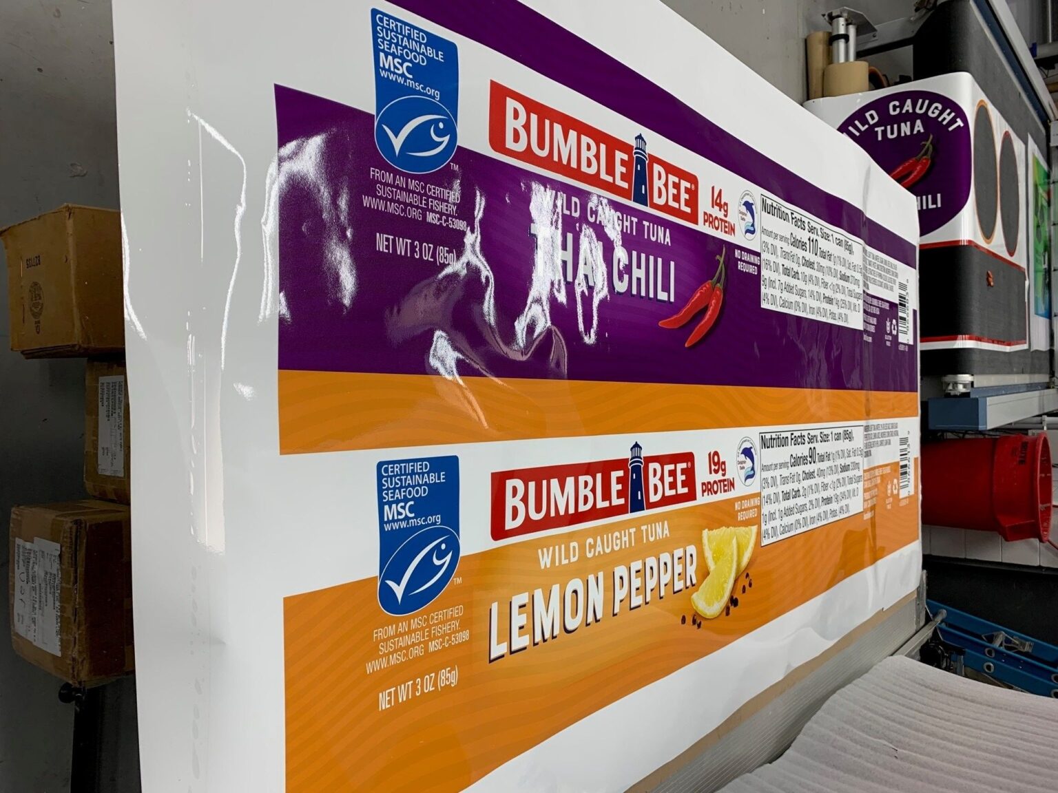 Oversized Bumble Bee Tuna can props produced for a commercial video shoot using large format printed graphics and custom fabrication.