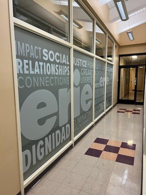 "Frosted window graphics on a glass conference room partition